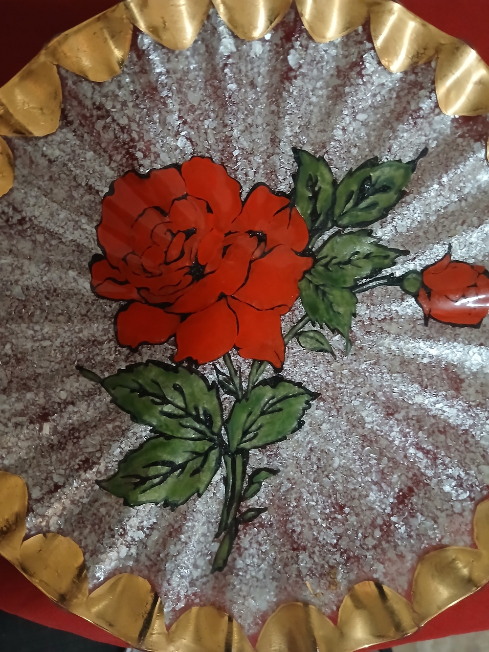 Vintage Red Rose Crushed Shell Resin Plate Or Vanity Tray Hand-Painted.